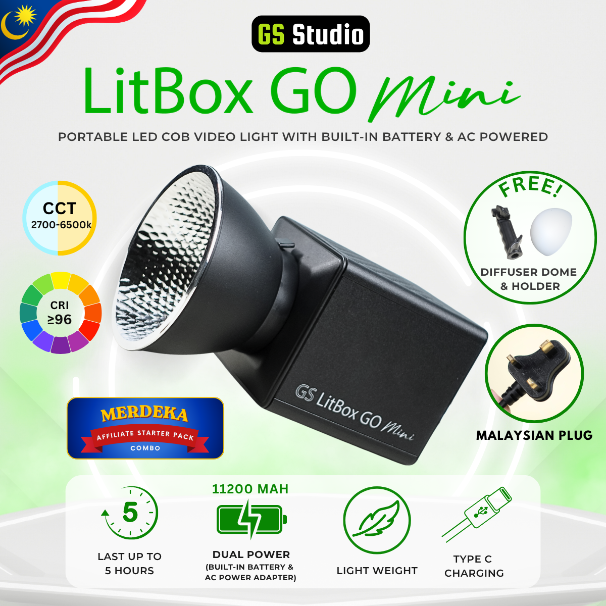 GS LitBox Go Mini Portable LED COB Video Light Built-in Battery & AC Powered