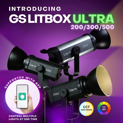 GS LitBox Ultra COB 200 300 500 LED Video Light 2700-6500K Bi-Color with Wireless Remote APP Control CRI 97+ 200w 300w 500w