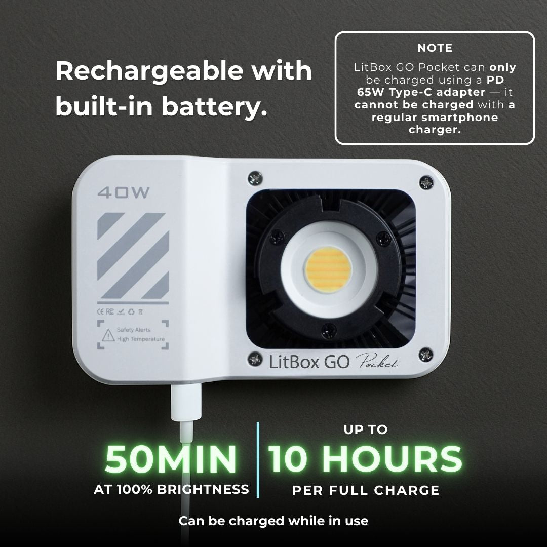 GS LitBox GO Pocket 40W Portable LED COB Video Light – CRI 97, Built-in Battery, 2700-6500K, 10 Lighting Effects, Palm Size