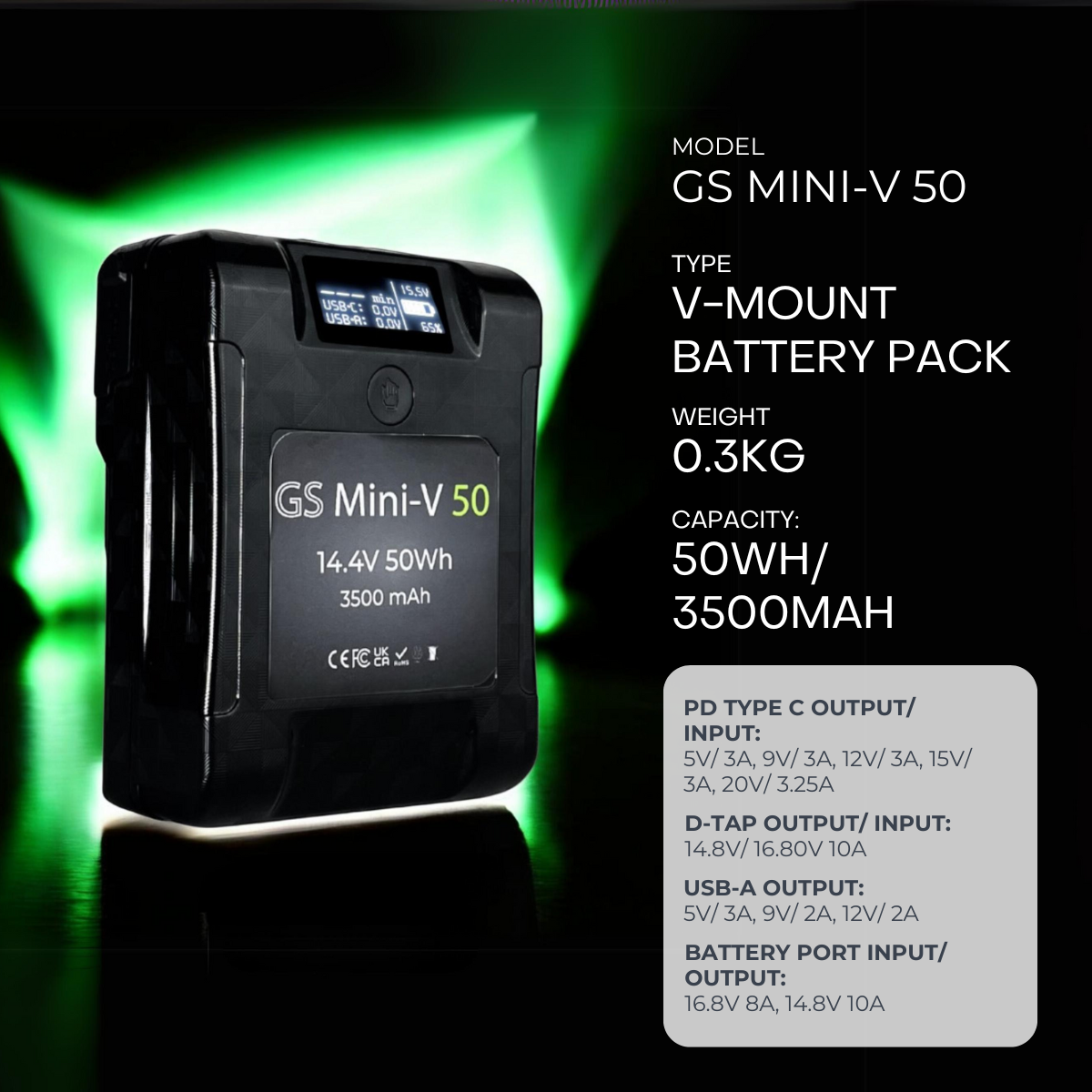 GS Mini-V Mini V-Mount Rechargeable Battery with USB-C PD Type C 65w Ultra Compact Li-Ion for Light & Camera