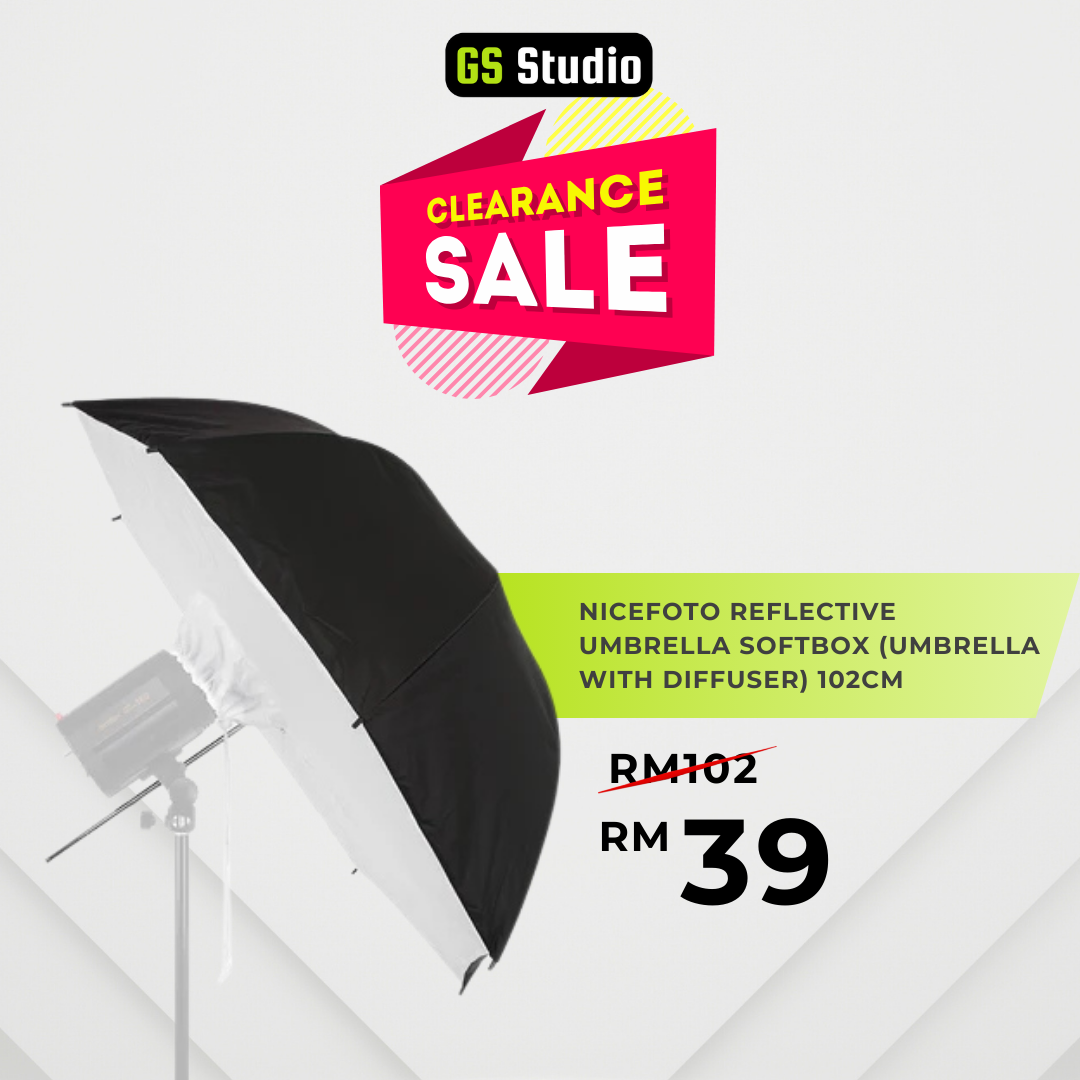 NICEFOTO Reflective Umbrella Softbox 102cm with diffuser, featured in a clearance sale promotion, showcasing discounted price.