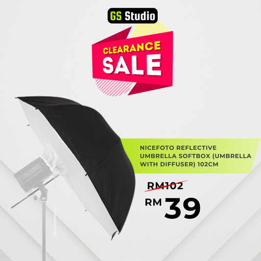 NICEFOTO Reflective Umbrella Softbox 102cm with diffuser, featured in a clearance sale promotion, showcasing discounted price.