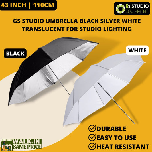 GS Studio Umbrella Black Silver Soft White Translucent For Studio Lighting Photo Video (43"/110cm)