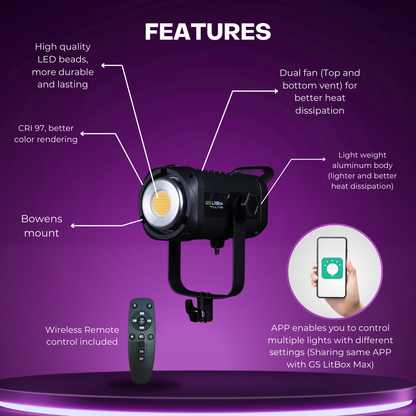 GS LitBox Ultra COB 300 500 LED Video Light 2700-6500K Bi-Color with Wireless Remote APP Control CRI 97+ 200w 300w 500w