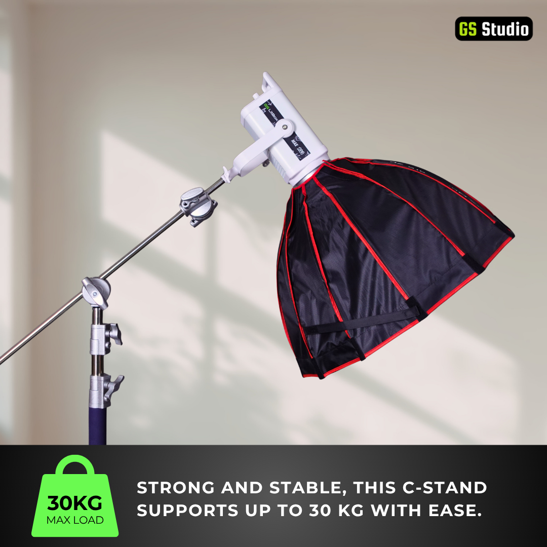 GS PREMIUM SERIES PROFESSIONAL STAINLESS STEEL HEAVY DUTY C-STAND 330CM WITH ARM AND 2 GRIPS FOR PHOTOGRAPHY VIDEOG