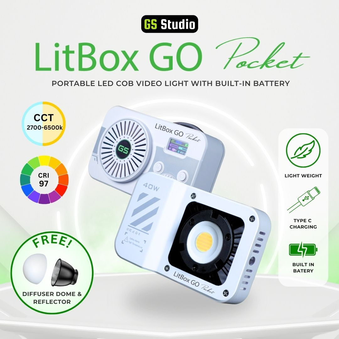 GS LitBox GO Pocket 40W Portable LED COB Video Light – CRI 97, Built-in Battery, 2700-6500K, 10 Lighting Effects, Palm Size