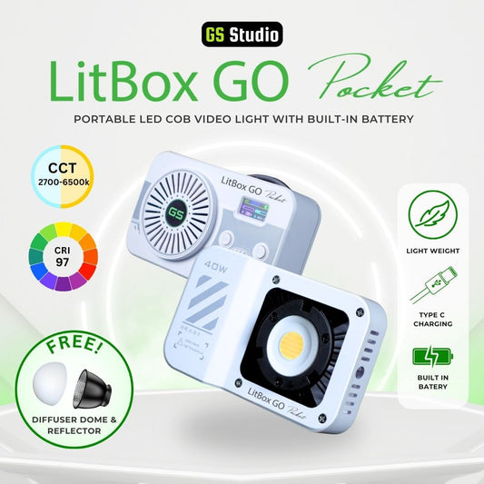 GS LitBox GO Pocket 40W Portable LED COB Video Light – CRI 97, Built-in Battery, 2700-6500K, 10 Lighting Effects, Palm Size