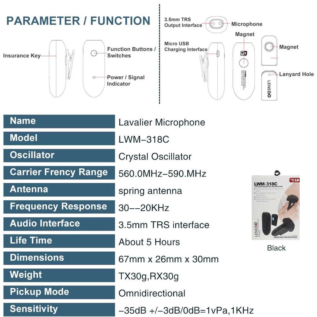 LENSGO LWM-318C 318C Single Wireless Lavalier Microphone For Camera And Smartphone