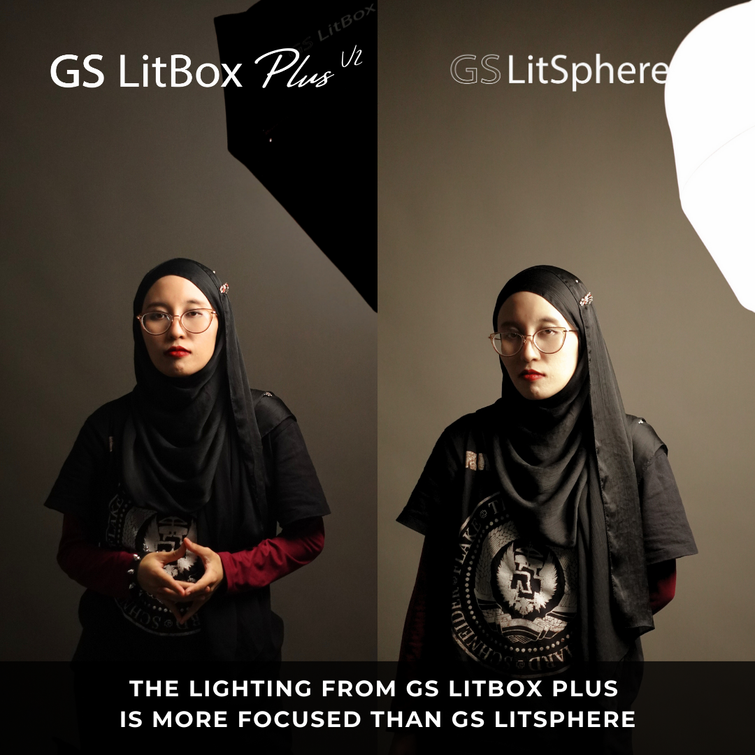 Comparison of GS LitBox Plus and GS LitSphere lighting on a subject. The GS LitBox Plus provides more focused lighting, while the GS LitSphere offers a softer spread.