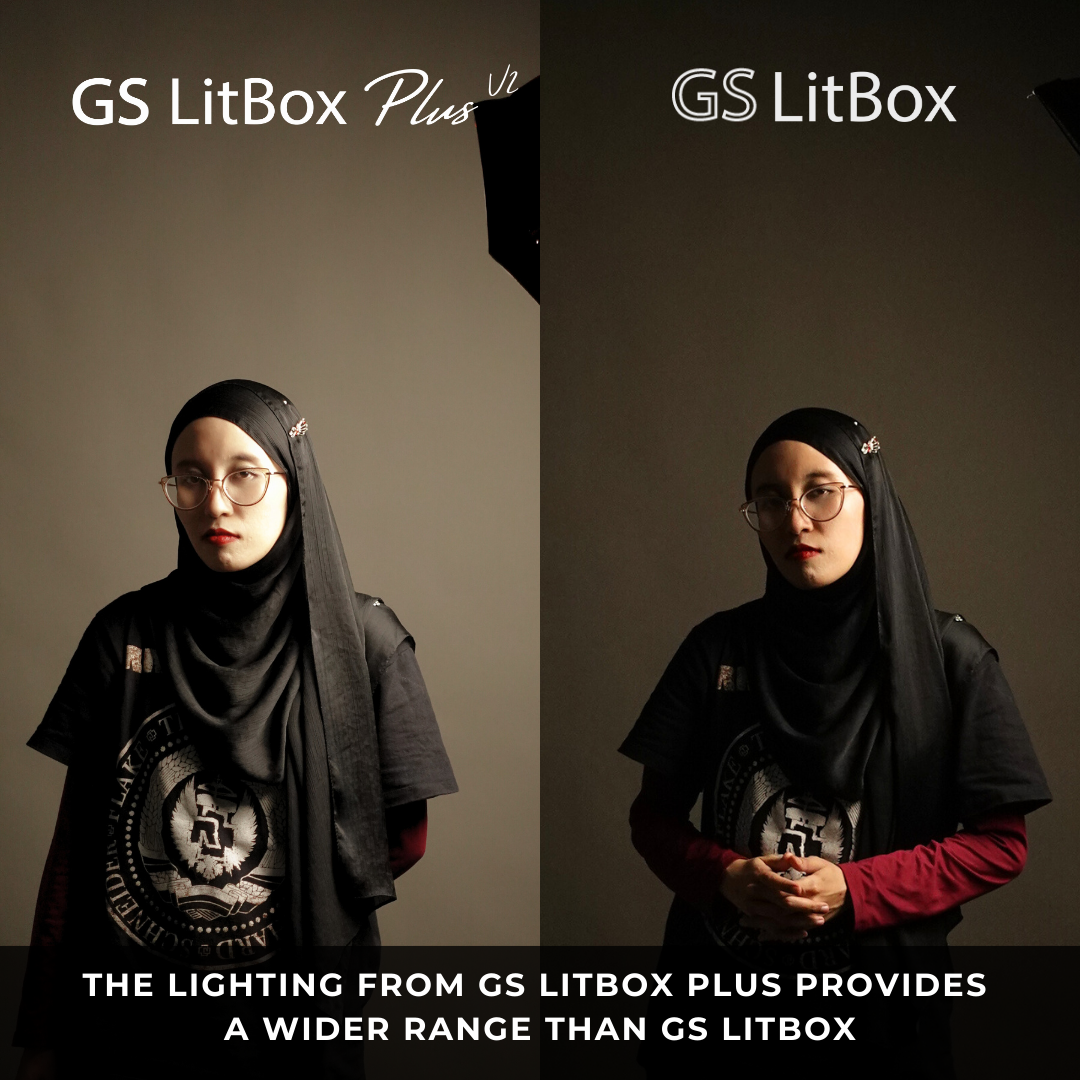 GS LitBox Plus continuous lighting octabox LED comparison showing wider and brighter light coverage versus GS LitBox. Ideal for studio photography.