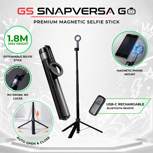 GS SnapVersa Go 1.8m Premium Magnetic Selfie Stick Tripod Auto Open & Close Spring-Free Gravity Lock Wireless Remote