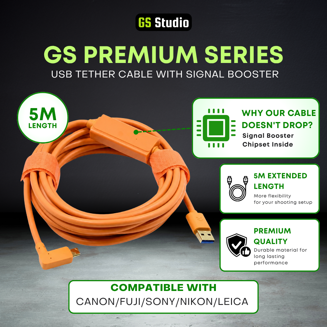 GS Premium Grade USB Tether Cable with Signal Booster For Canon/Nikon/Fuji/Sony/Leica (5M)