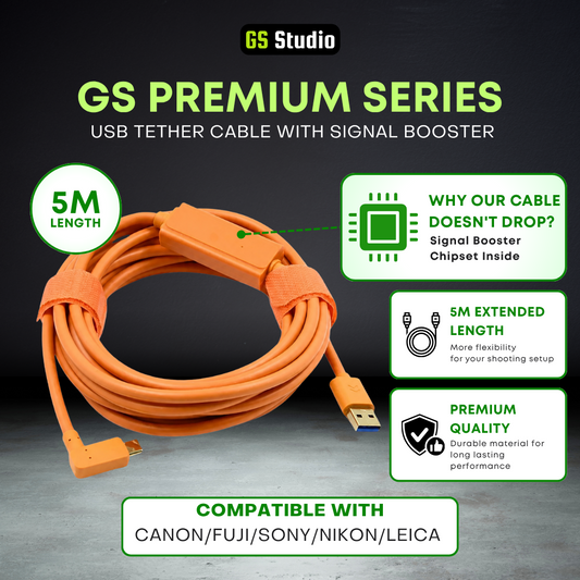 GS Premium Grade USB Tether Cable with Signal Booster For Canon/Nikon/Fuji/Sony/Leica (5M)