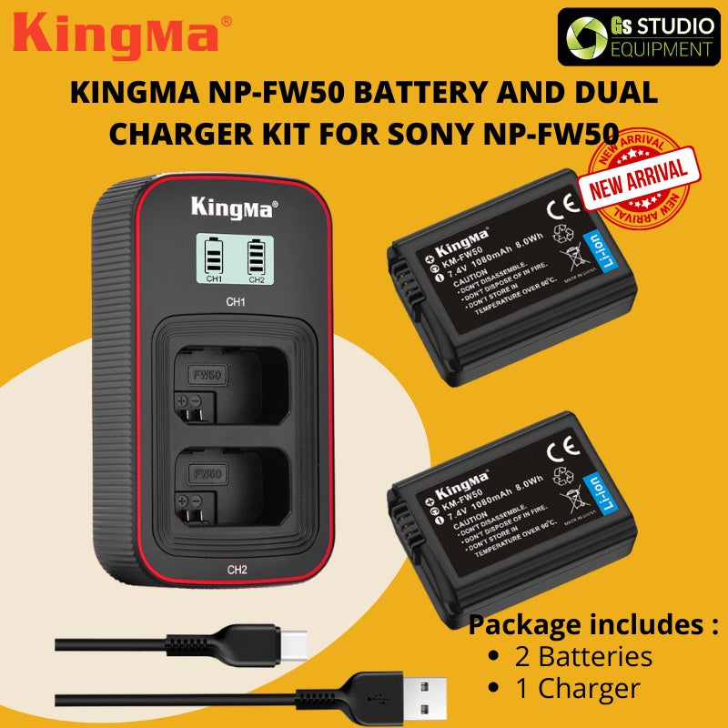 KingMa NP-FW50 Battery And Dual Charger Kit For Sony NP-FW50 Battery A5100 A6100 A6400 RX10 A7 A7II A7R A7S ZV-E10