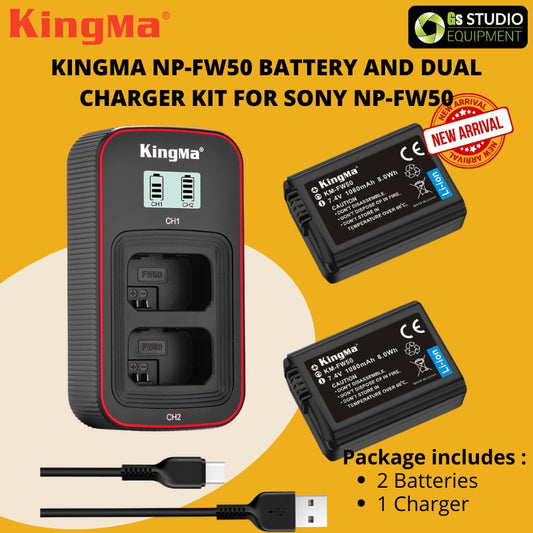 KingMa NP-FW50 Battery And Dual Charger Kit For Sony NP-FW50 Battery A5100 A6100 A6400 RX10 A7 A7II A7R A7S ZV-E10