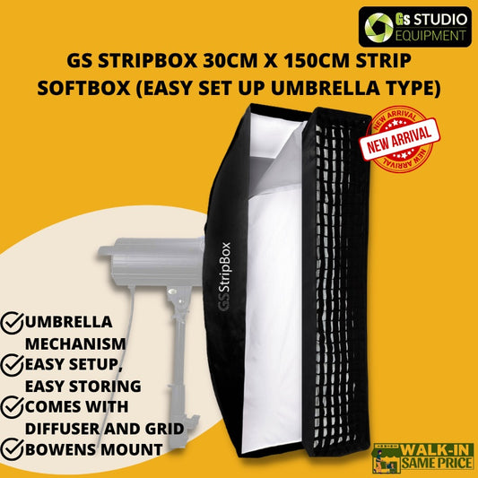 GS Stripbox Softbox With Grid Easy Set Up Umbrella Type (30cm x 150cm)
