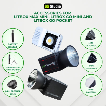Accessories for LitBox Max Mini, LitBox GO Mini and LitBox GO Pocket Mini Lantern Mini Parabolic Softbox Battery Handle