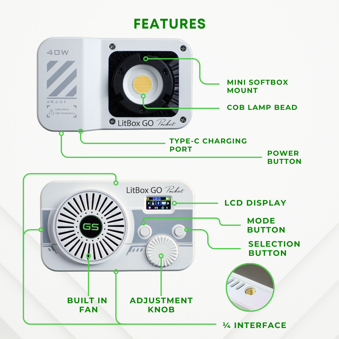GS LitBox GO Pocket 40W Portable LED COB Video Light – CRI 97, Built-in Battery, 2700-6500K, 10 Lighting Effects, Palm Size