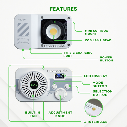 GS LitBox GO Pocket 40W Portable LED COB Video Light – CRI 97, Built-in Battery, 2700-6500K, 10 Lighting Effects, Palm Size