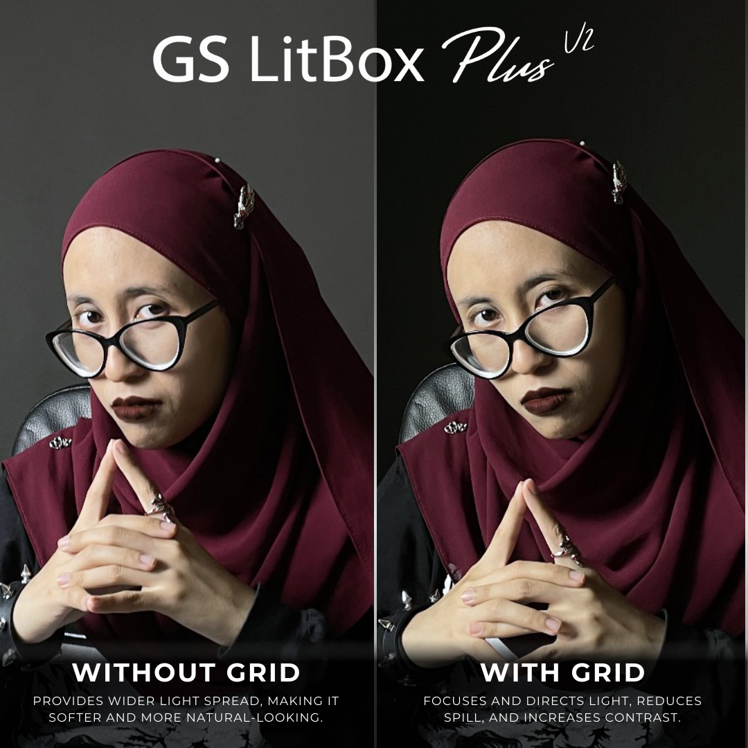 Without Grid
Provides wider light spread, making it softer and more natural-looking.
With Grid
Focuses and directs light, reduces spill, and increases contrast.