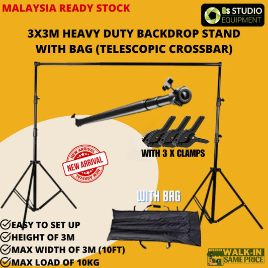 Heavy Duty Backdrop Stand With Bag Telescopic Bar (3 x 3M)