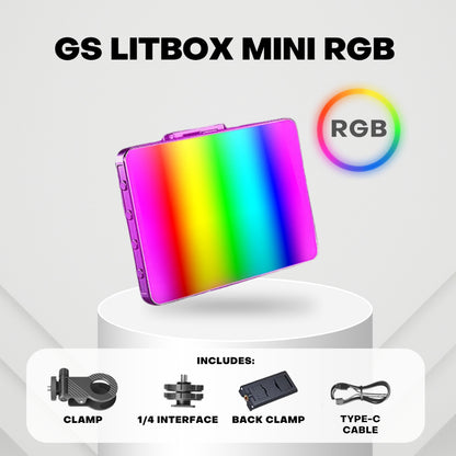 GS LitBox Mini RGB  Power: 3.7V Charging time about 3 hours Battery capacity: 1500mAh Color temperature: 3000k-9900k Charging port: Type-C Light mode: RGB