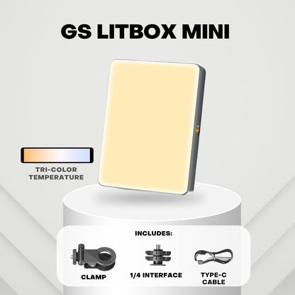 GS LitBox Mini  Voltage: 3.7V Charging time about 3 hours Battery capacity: 2000mAh Color temperature: 3000k-9900k Charging port: Type-C Light mode: Cold light, warm light, warm white light