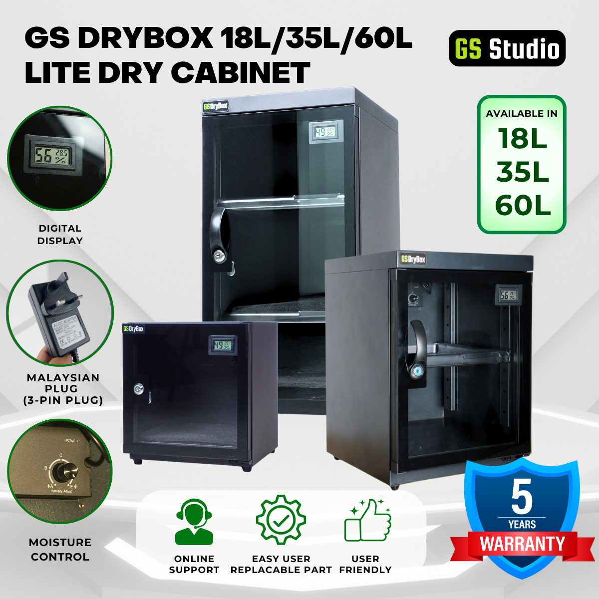 GS DryBox 18L/35L/60L LCD Digital Display 18 Litre 35 Litre 60 Litre Dry Cabinet 5 Years Warranty