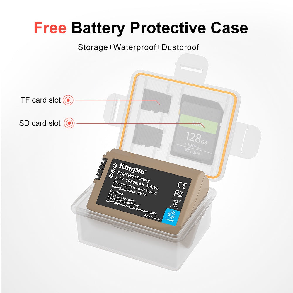 KingMa T-NPFW50 NP-FW50 USB-C Rechargeable Camera Battery 1080mAh Battery Pack NPFW50 For Sony A7R2 A7 A6000 A6300