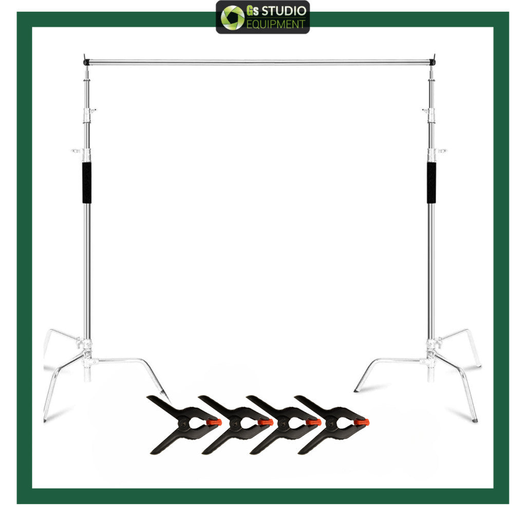 Package Included: 2 x c light stands; 1 x cross bar; 4 x heavy duty spring clamps