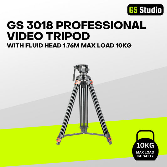 GS 3018 PROFESSIONAL VIDEO TRIPOD WITH FLUID HEAD 1.76M MAX LOAD 10KG