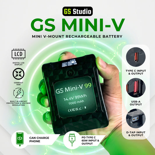GS Mini-V Mini V-Mount Rechargeable Battery with USB-C PD Type C 65w Ultra Compact Li-Ion for Light & Camera