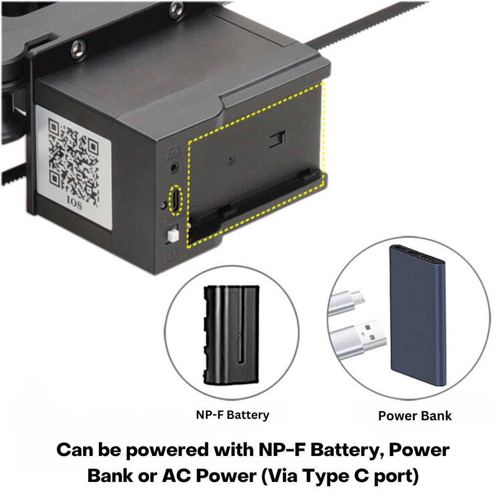 Can be powered with NP-F Battery, Power Bank or AC Power (Via Type C port)