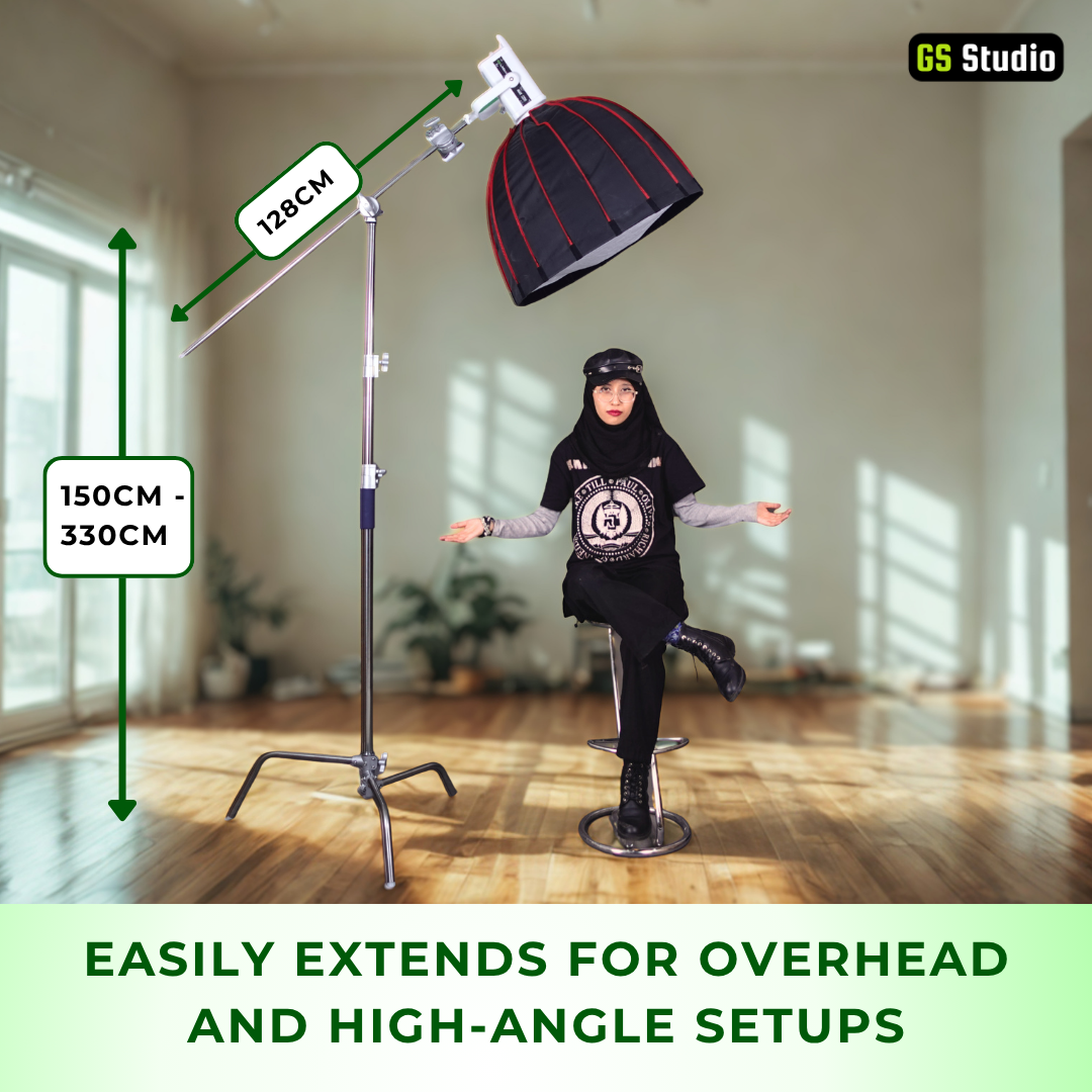 GS PREMIUM SERIES PROFESSIONAL STAINLESS STEEL HEAVY DUTY C-STAND 330CM WITH ARM AND 2 GRIPS FOR PHOTOGRAPHY VIDEOG