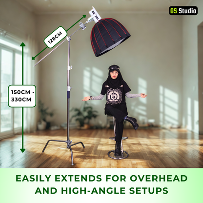 GS PREMIUM SERIES PROFESSIONAL STAINLESS STEEL HEAVY DUTY C-STAND 330CM WITH ARM AND 2 GRIPS FOR PHOTOGRAPHY VIDEOG