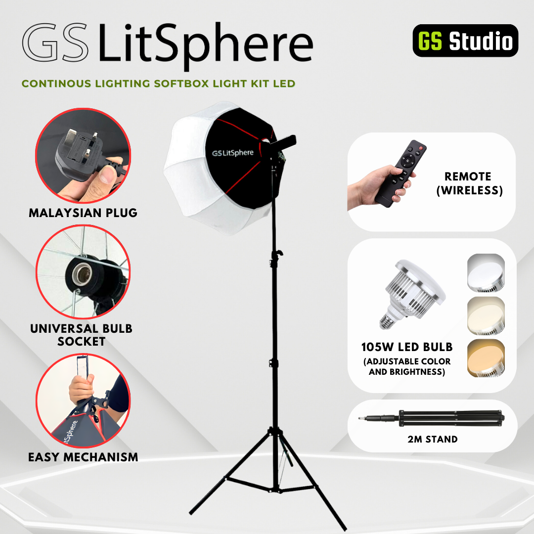 Introducing GS LitSphere, a lantern softbox with 105w bulb, 2 meter stand, and remote control. You can change the color temperature as well as level of brightness