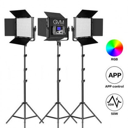 GVM 50RS RGB LED Video Light 3 Panel Kit Full Color CRI TLCI 95+ Bi Color 3200K~5600K Adjustable for Studio Photography with Barn-Door & Bag