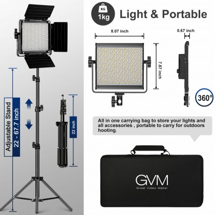 GVM 850D High Beam RGB Portable Bi-Color 3 Light Kit High Power Video Light 18000 Lux 3200K-5600K
