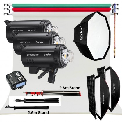 [NEW VERSION] PROFESSIONAL FULL SIZE STUDIO START UP KIT (GODOX DP600III-V 600W 3 LIGHT WITH 3 COLOR BACKDROP)
