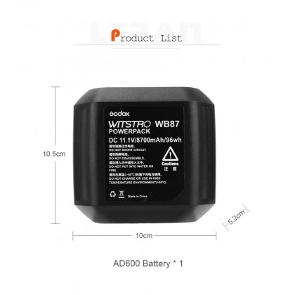 GODOX WB87 / WB-87 RECHARGEABLE LITHIUM-ION BATTERY FOR AD600 Series